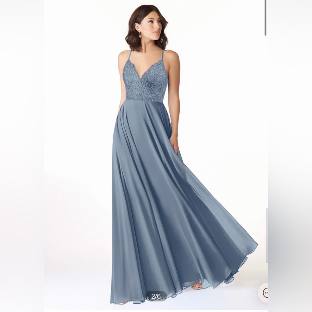 Azazie Blue Lace Bodice Chiffon A-Line Dress